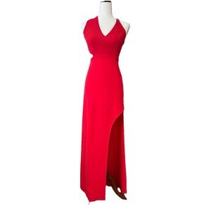 Halston Heritage Women's Red Halter Gown Dress Asymmetrical Hem‎ Size 0 Elegant
